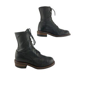 Men's Justin USA Black Leather Lace Up Round Toe Western Boots Size 9 EE *WIDE